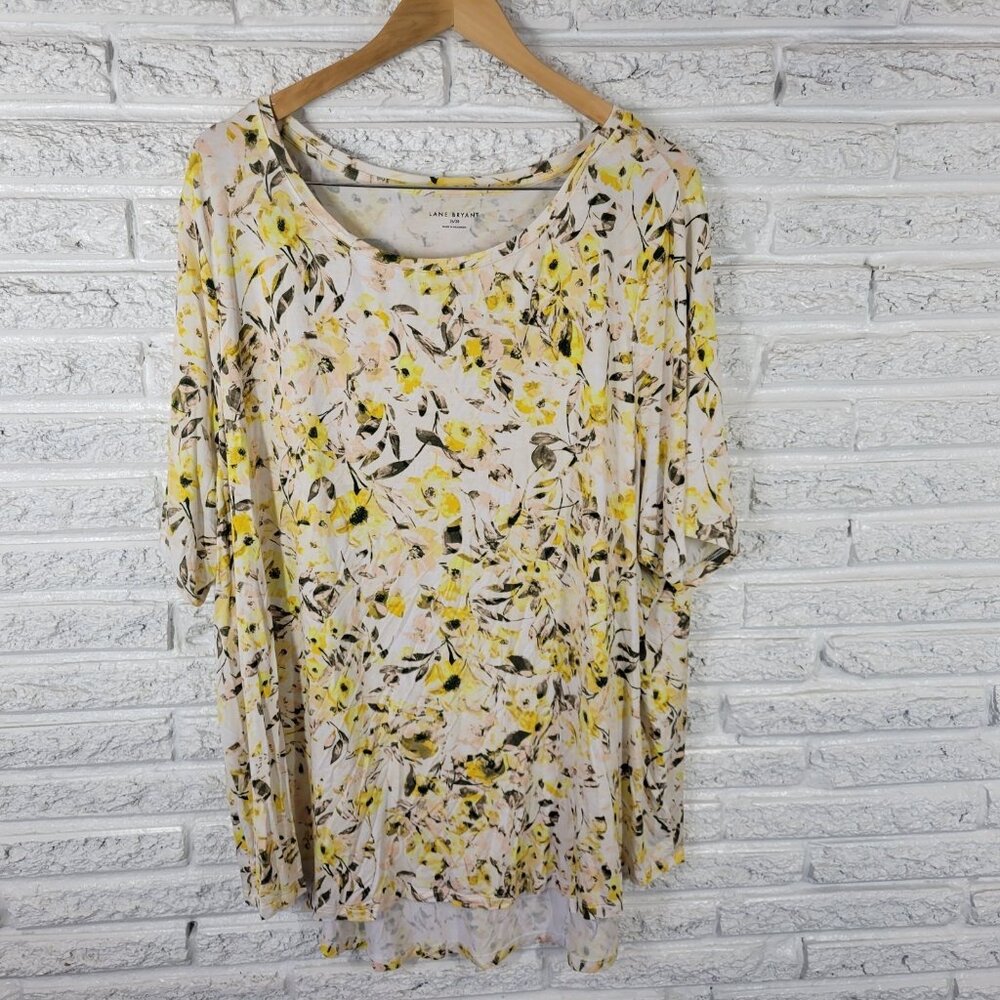 Lane Bryant Womens Top 26 28 Plus Tunic Yellow Floral Rayon Spandex FLO161E